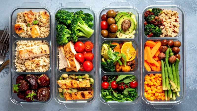 Marmitas saudáveis organizadas em recipientes de vidro.